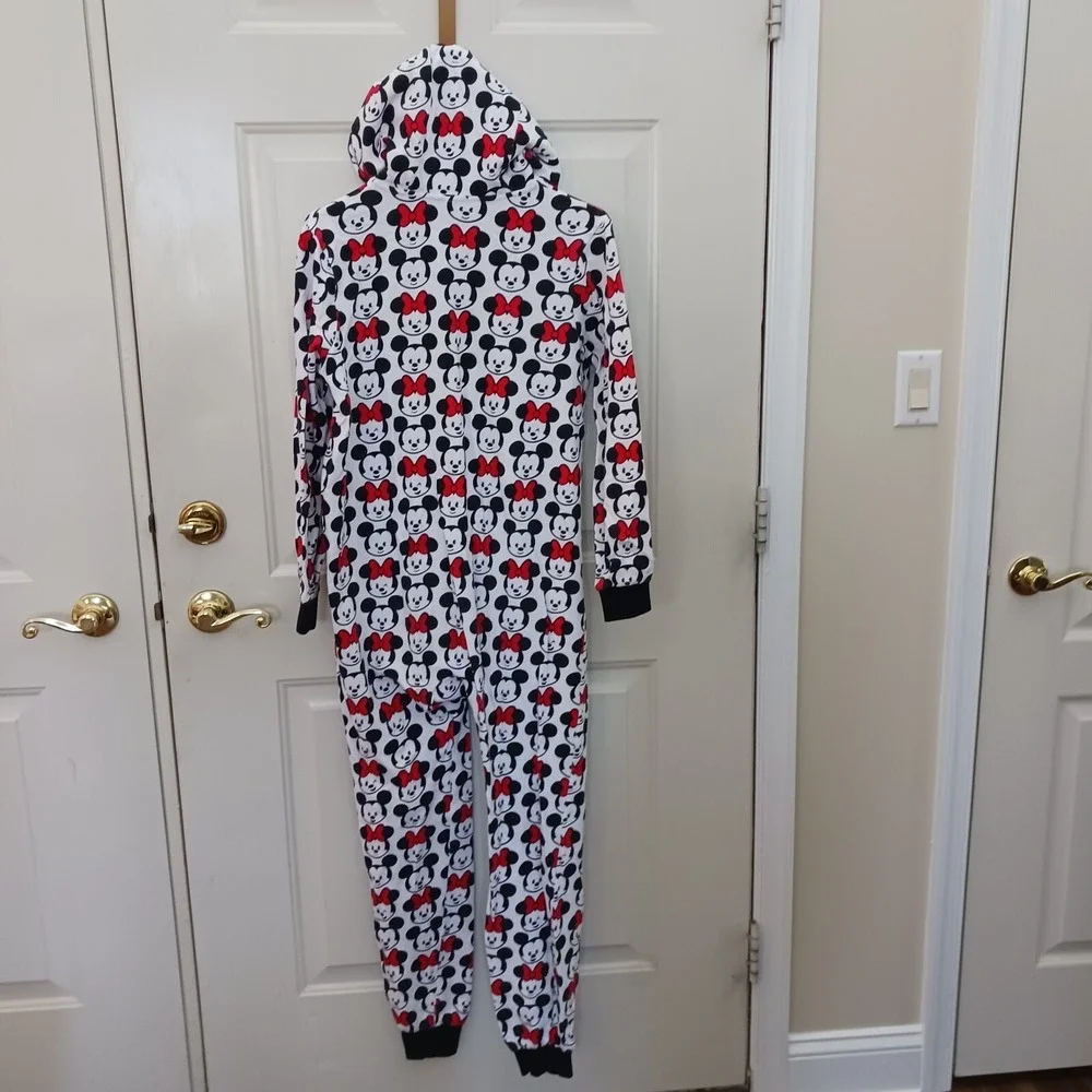 Disney Store Minnie Mickey Mouse One Piece Pajama Cotton Women's Sz M Hood Ears - Picture 7 of 7